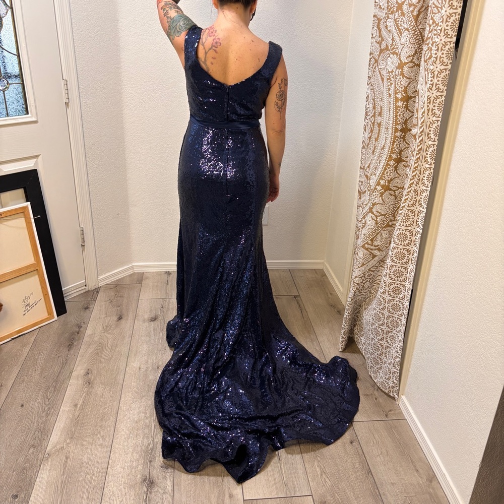 Midnight Blue Sequin Dress with long train.
